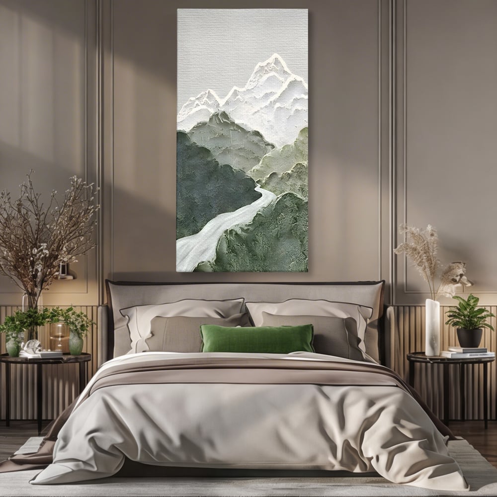 Tablou canvas cu tablou canvas cu munti in relief, fara rama, pe sasiu de lemn, pe perete intr-un dormitor
